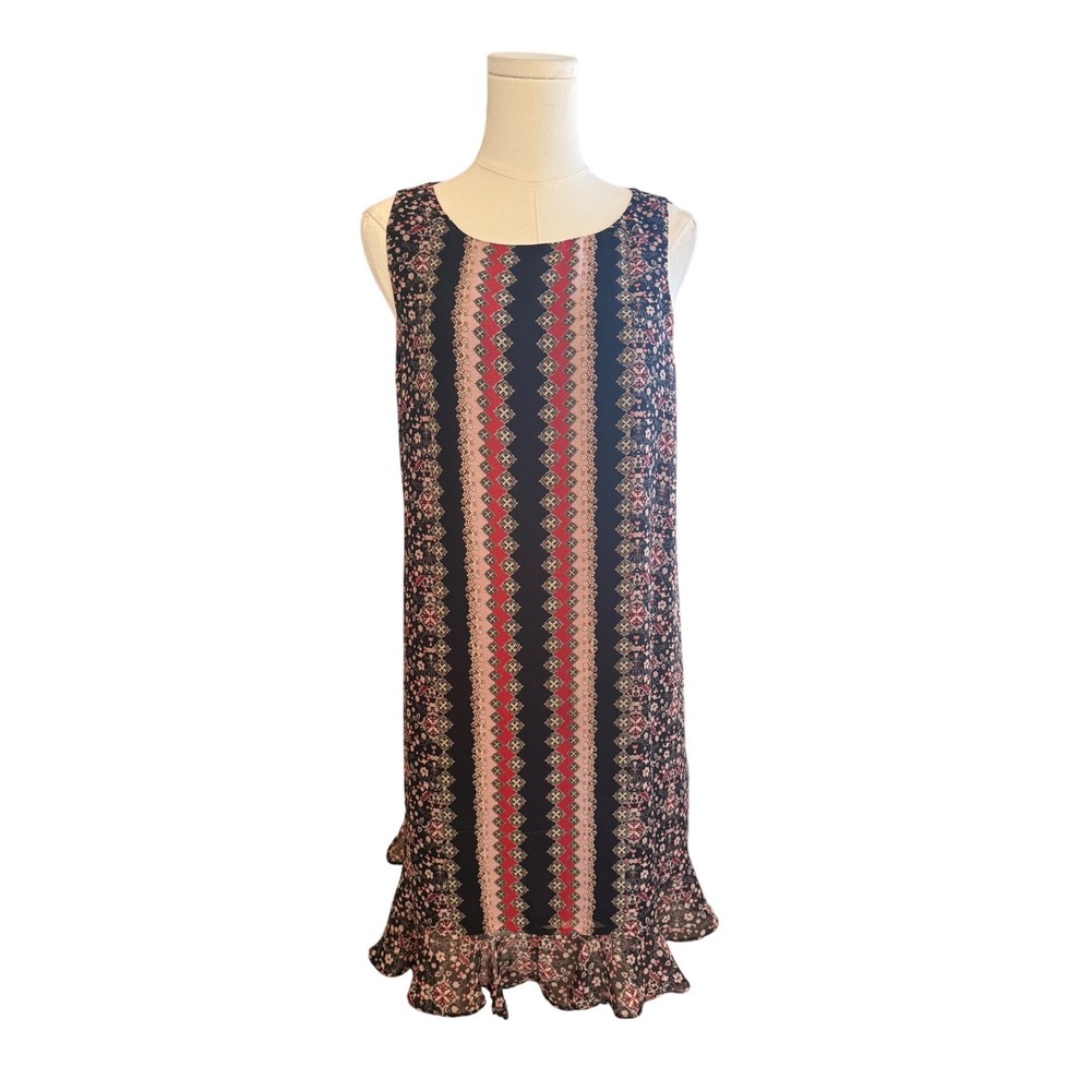 Max Studio Sleeveless Floral Geometric Ruffle Hem Shift Dress Red Black Small